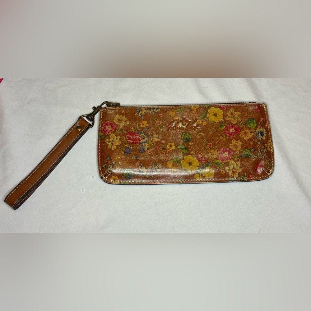 Patricia Nash Leather Wristlet Wallet Floral Print Zip Around Clutch Brown
